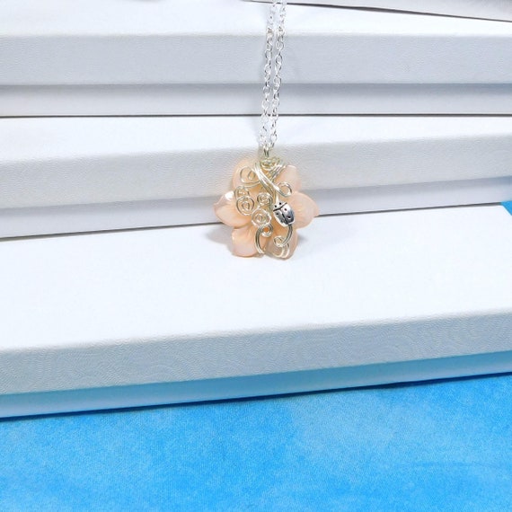 Wire Wrapped Mother of Pearl Ladybug Necklace, Artistic Insect Theme Jewelry, Fun Ladybug Good Luck Pendant for Women