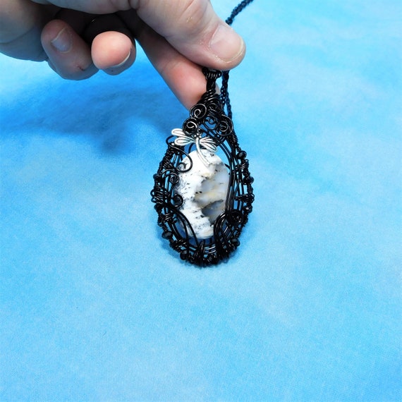 Wire Wrapped Dendritic Opal Pendant, Gemstone Necklace Sympathy Gift, Memorial Jewelry with Dragonfly, Wearable Art Bereavement Present
