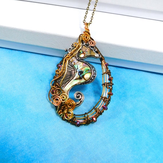 Large Artistic Seahorse Pendant, Wire Wrapped Ocean Theme Necklace, Beach Lover Jewelry Anniversary Gift for Wife or Best Friend Gift
