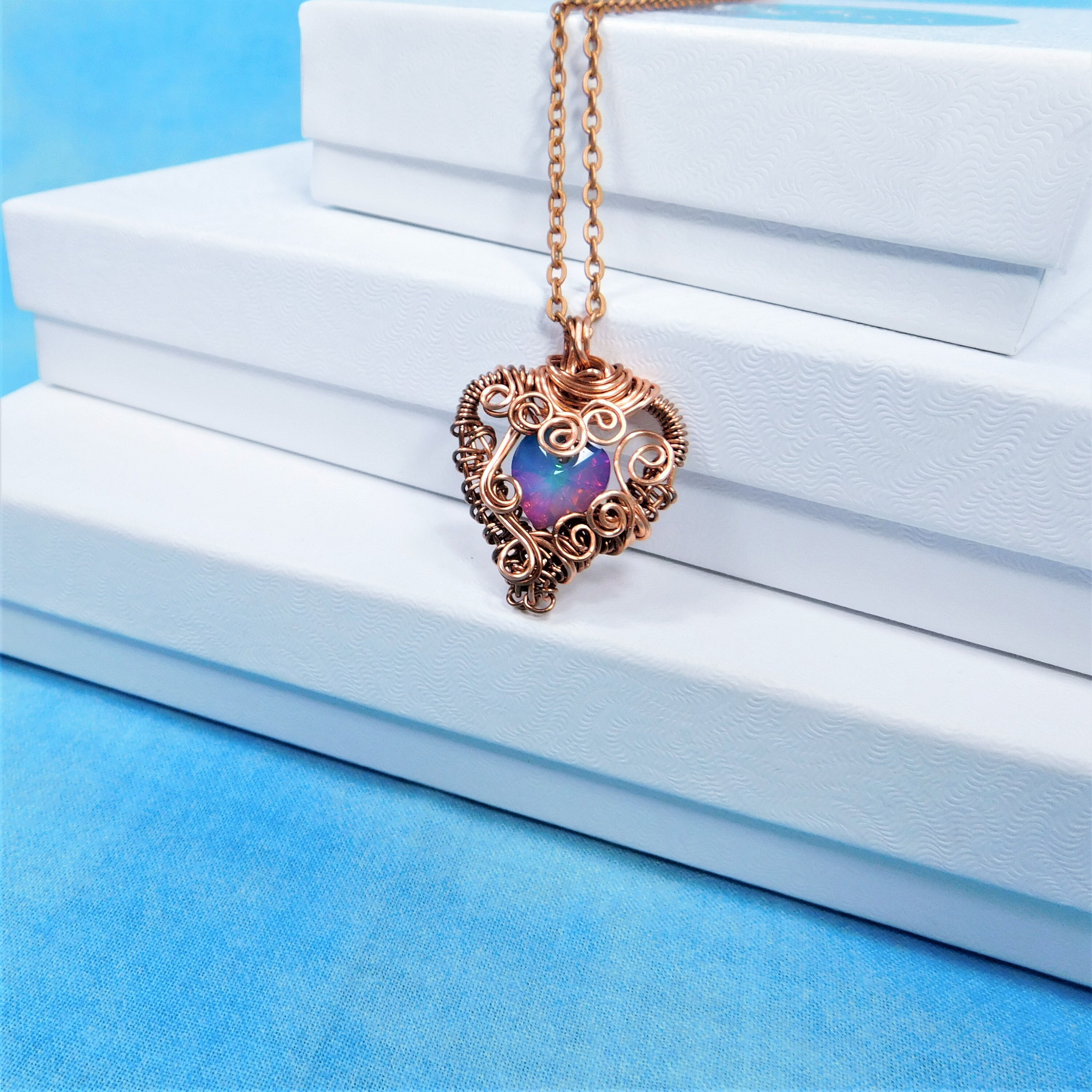 Artistic Blue Heart Necklace, Unique Artisan Crafted Woven Wire Wrapped Jewelry, Copper