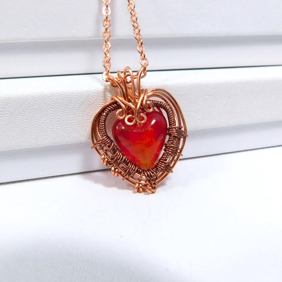 Artistic Copper Heart Necklace, Wearable Art Wire Jewelry Valentine Present, Copper & Lamp Work Heart Pendant 7th Anniversary Gift for Wife