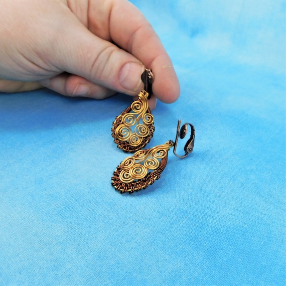 Woven Wire Copper Clip on Earrings, Unique Non Pierced Dangles, Wire Wrapped Wearable Art Jewelry Birthday or 7th Anniversary Gift for Wife