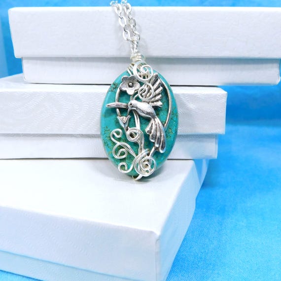 Artistic Hummingbird Necklace, Wire Wrapped Gemstone Pendant, Artisan Crafted Magnesite Pendant, Wire Wrapped Jewelry Gift for Women