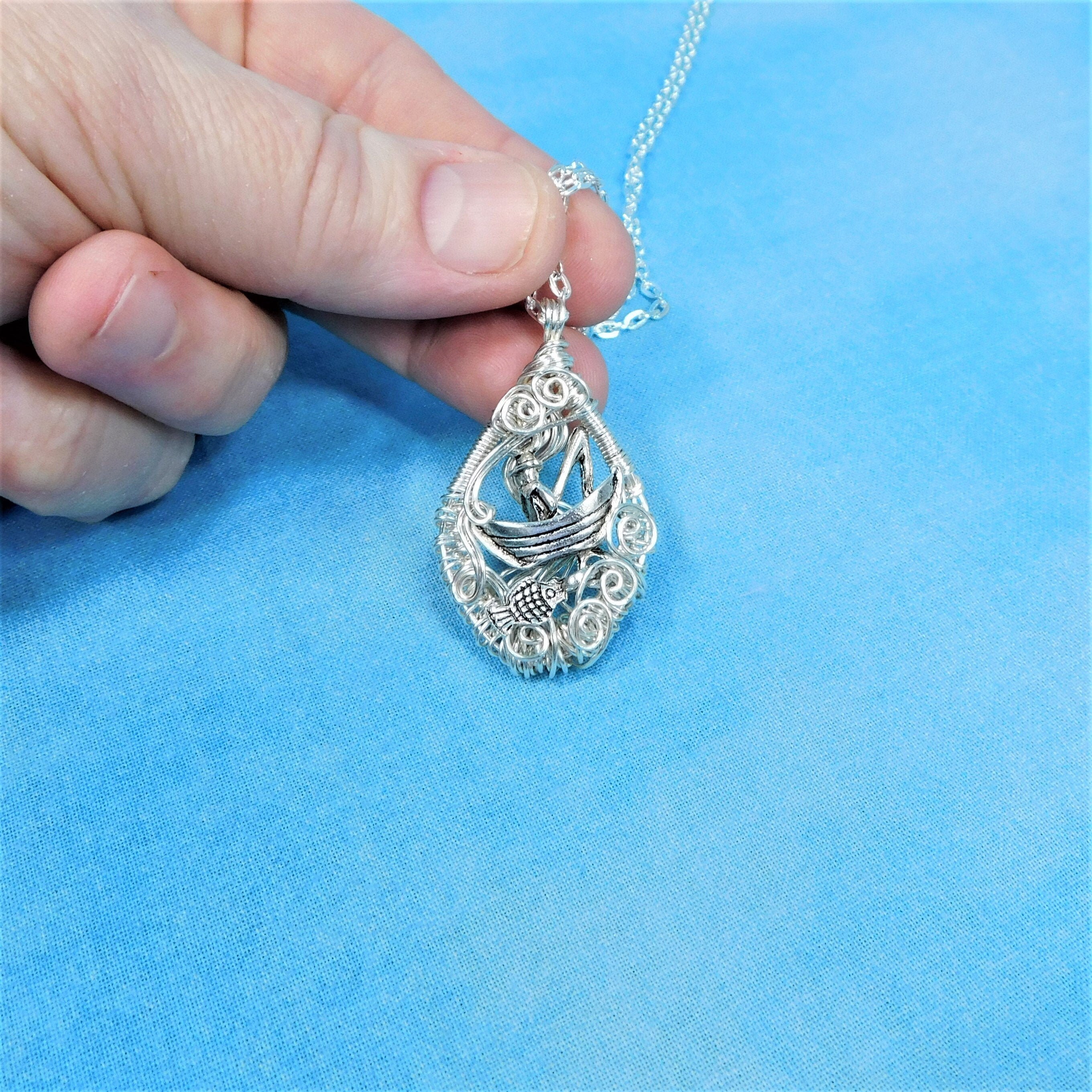 Unique Fishing Theme Necklace, Wire Wrapped Beach Jewelry, Handmade