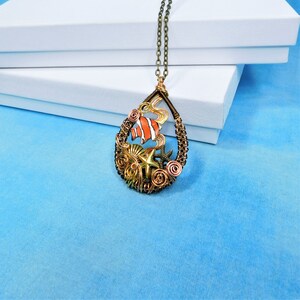 Clownfish Necklace Ocean Theme Pendant, Woven Wire Wrapped Artistic Beach Jewelry, Handmade One of a Kind Sea Life Wearable Art Present