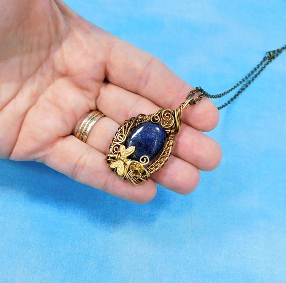 Lapis Lazuli Pendant, Copper Wire Wrapped Artistic Gemstone Dragonfly Necklace Unique 9th Anniversary Gift Jewelry for Wife or Sympathy Gift