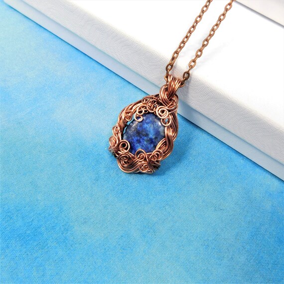 Lapis Lazuli Pendant, Copper Wire Wrapped Artistic Gemstone Necklace Unique 9th Anniversary Gift Jewelry for Wife or Girlfriend