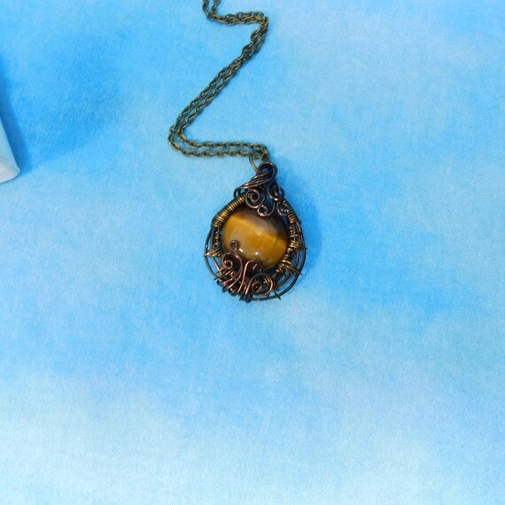 Wire Wrapped Tiger Eye Pendant Necklace, Artisan Crafted Wearable Art Gemstone Jewelry, Artistic Copper Jewelry Anniversary Gift for Wife