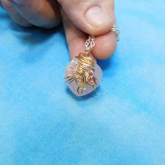 Heart Shaped Rose Quartz Gemstone Necklace, Wire Wrapped Pink Stone Pendant, Wearable Art Jewelry Birthday Present for Wife or Girlfriend