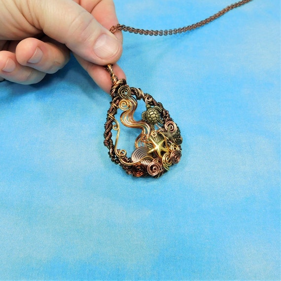 Woven Copper Sea Turtle Necklace, Artistic Handmade Wire Wrapped Pendant, Ocean Beach Marine Life Theme Wearable Art Jewelry for Women