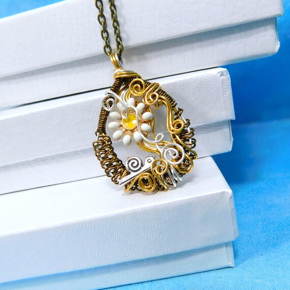 Wire Wrapped Snail and Flower Necklace, Artistic Woven Wire Pendant, Wearable Art Nature Theme Jewelry Birthday Present or Anniversary Gift