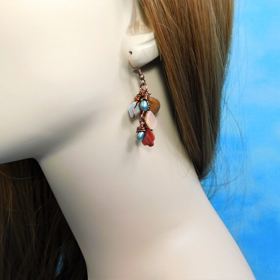 Wire Wrapped Dangle Earrings with Moonstone, Carnelian, Pearls and Shells, Artisan Crafted Rustic Boho Gemstone Cluster Dangles