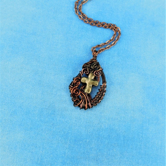 Christian Cross Pendant, Unique Woven Wire Wrapped Inspirational Necklace, Artisan Crafted Religious Jewelry Wearable Art Symbol of Faith