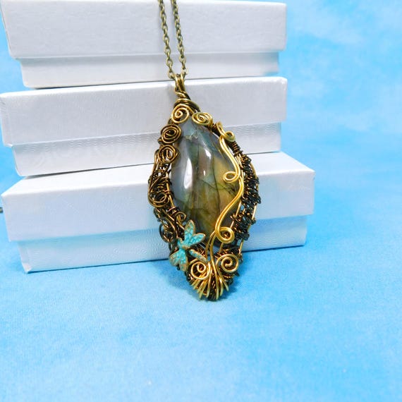 Woven Wire Wrapped Labradorite Pendant, Artistic Gemstone Necklace with Dragonfly, Wearable Art Jewelry for Women
