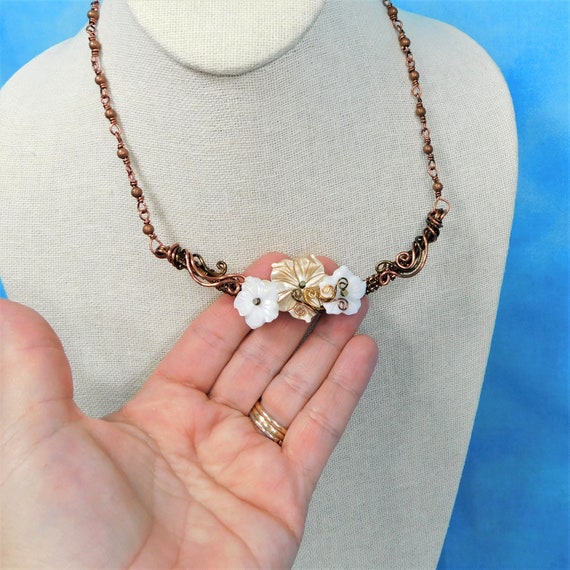 Woven and Sculpted Wire Mother of Pearl Shell Flower Necklace, Artistic Bohemian Floral Bib Necklace for Mom or Anniversary Gift for Wife