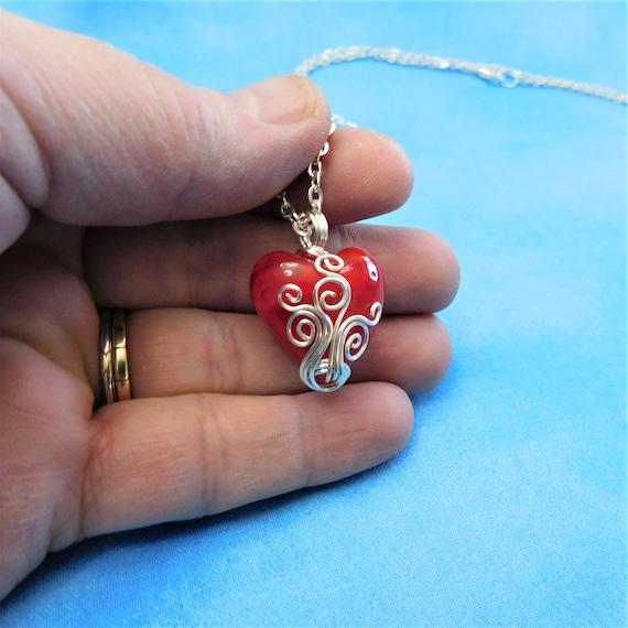 Wire Wrapped Red Heart Necklace, Artistic Handcrafted Valentine
