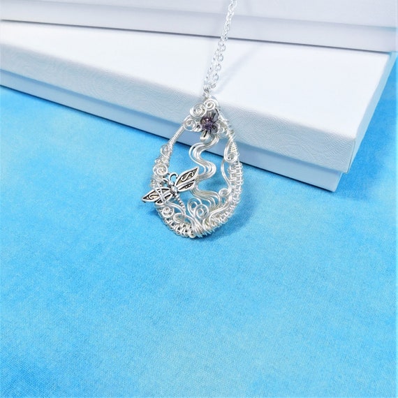 Wire Wrapped Dragonfly Necklace, Artistic Handmade Flower Pendant, Artisan Crafted Memorial Jewelry Gifts, Wearable Art Bereavement Present