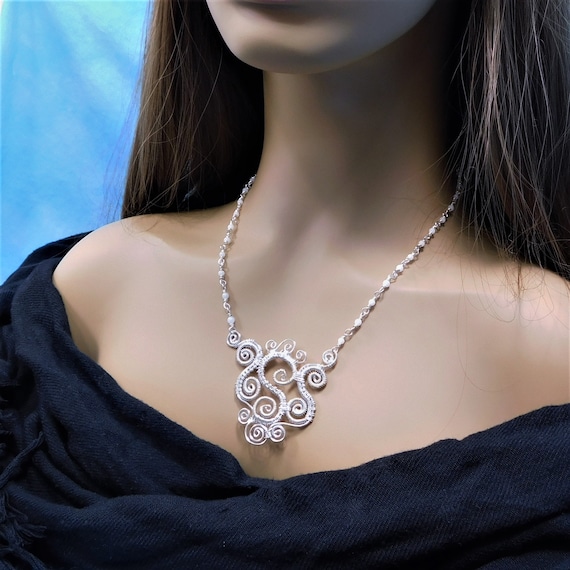 Sculpted and Woven Wire Scroll Work Bib Style Statement Necklace, Artistic Wedding Jewelry, Elegant Jewelry Present for Wife or Girlfriend