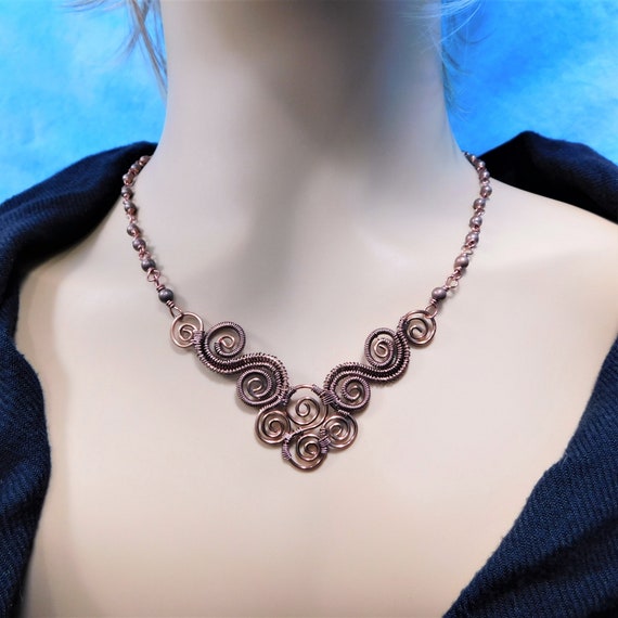 Artisan Crafted Copper Statement Necklace, Unique Wire Wrapped Jewelry, Artistic Handcrafted 7th Anniversary Gift for Wife or Girlfriend