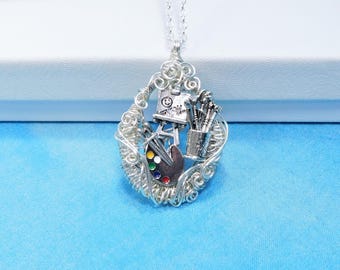 Artist Theme Necklace, Artistic Painter Pendant, Wearable Art Jewelry Present for Mom, Appreciation Gift for Art Teacher or Women who Paint