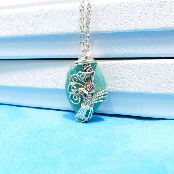 Wire Wrapped Gemstone Pendant with Mermaid, Mermaid Necklace Gemstone Jewelry Birthday or Christmas Present for Wife, Girlfriend or BFF