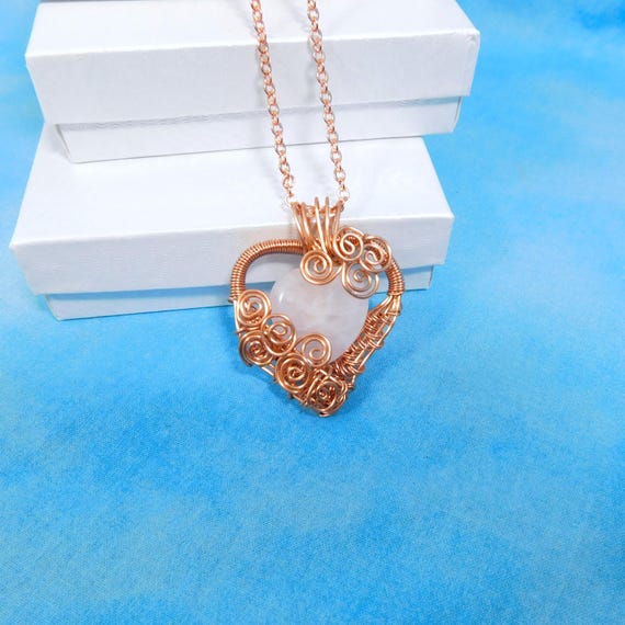 Rose Quartz Heart Necklace, Gemstone Heart Pendant, Wire Wrapped Stone Jewelry, Wearable Art Birthday Present or Anniversary Gift
