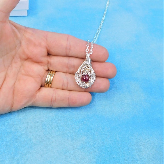 Genuine Ruby Necklace July Birthstone Pendant, Woven Wire Wrapped Gemstone Jewelry, Romantic Wearable Art Present for 40th Anniversary Gift
