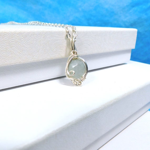 Wire Wrapped Aquamarine Pendant March Birthstone Necklace, Artisan Crafted Gemstone Jewelry Birthday Present for Mom or Best Friend Gift