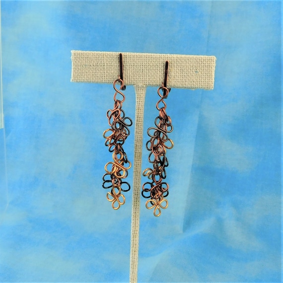 Artisan Crafted Non Pierced Earrings, Unique Long Copper Dangles, Handcrafted Flower Cluster Clip-ons, Handmade Sculpted Wire Jewelry Gift