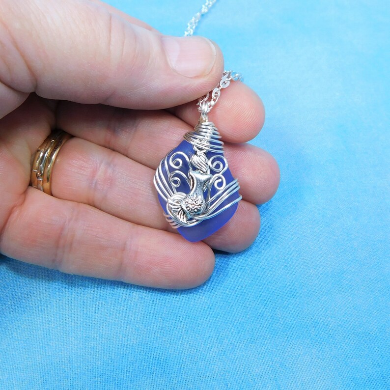 Wire Wrapped Ocean Pendant Birthday Present for Mom or Wife or Best Friend Gift for Her Mermaid Necklace Beach Theme Blue Sea Glass Jewelry
