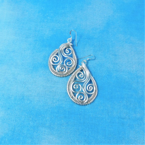 Artistic Wire Wrapped Statement Earrings, Unique Handmade Dangles, Wearable Art Jewelry Anniversary Gift for Wife or Girlfriend