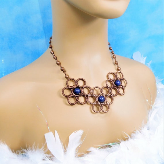 Lapis Lazuli Necklace, Artisan Crafted Flower Gemstone and Copper Statement Jewelry, Unique Wire Wrapped Artistic Handmade Present for Women