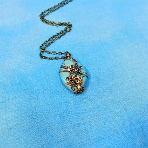 Copper Dragonfly Necklace, Wire Wrapped Blue Magnesite Pendant, Gemstone Wearable Art Memorial Jewelry Bereavement Present Sympathy Gift
