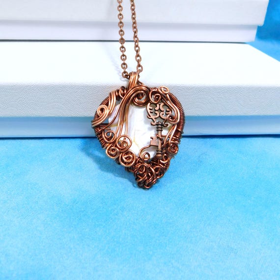 Artistic Woven Copper Heart Skeleton Key Necklace, Wire Wrapped Mother of Pearl Pendant, Wearable Art Jewelry 7th Anniversary Gift for Wife