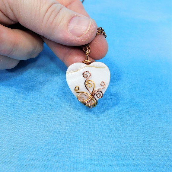 Artistic Copper Wire Wrapped Mother of Pearl Heart Necklace, Unique Artisan Crafted Pendant, Wearable Art Jewelry 7th Anniversary Gift