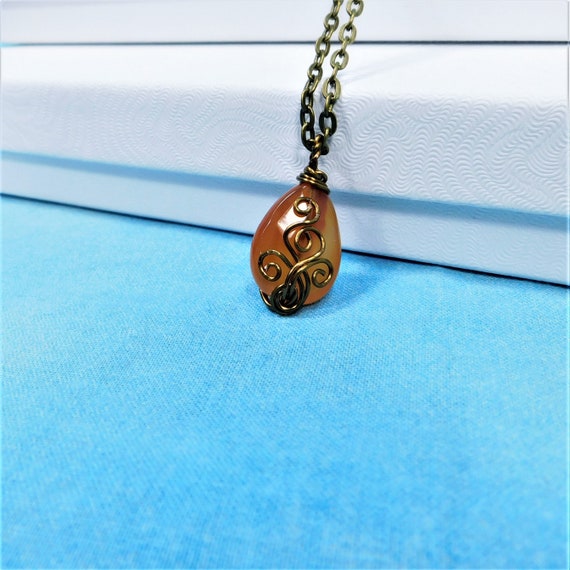 Copper Wire Wrapped Carnelian Necklace, Unique Artistic Gemstone Pendant, Wearable Art Jewelry 17th Anniversary Present for Wife