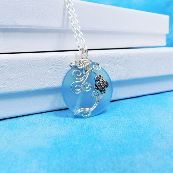 Handcrafted Sea Turtle Necklace, Wire Wrapped Blue Sea Glass Pendant, Animal Lover Ocean Theme Jewelry Present for Women or Best Friend Gift