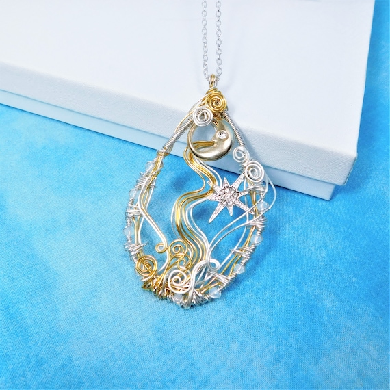 Artistic Moon and Star Necklace, Wire Wrapped Artisan Crafted Celestial Pendant, Lunar Jewelry Birthday Present for Girlfriend, Mom or Wife