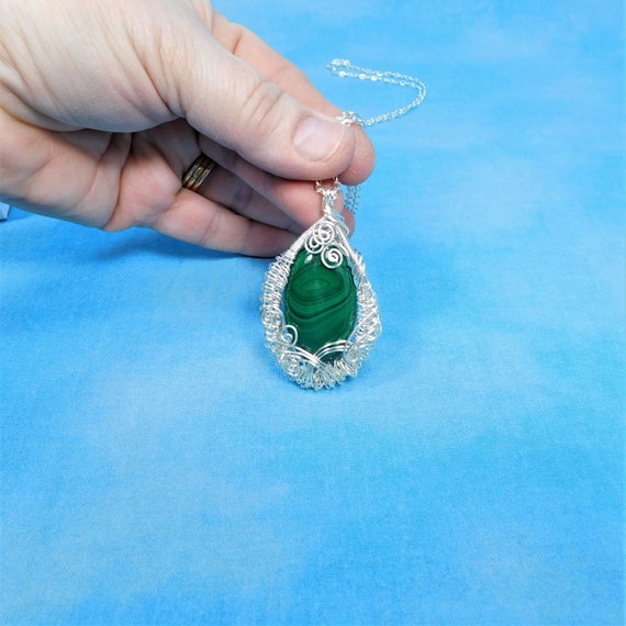 Unique Wire Wrapped Malachite Necklace, Artistic Gemstone Jewelry, Stone Pendant Birthday Present Ideas for Women, Mother in Law Gift