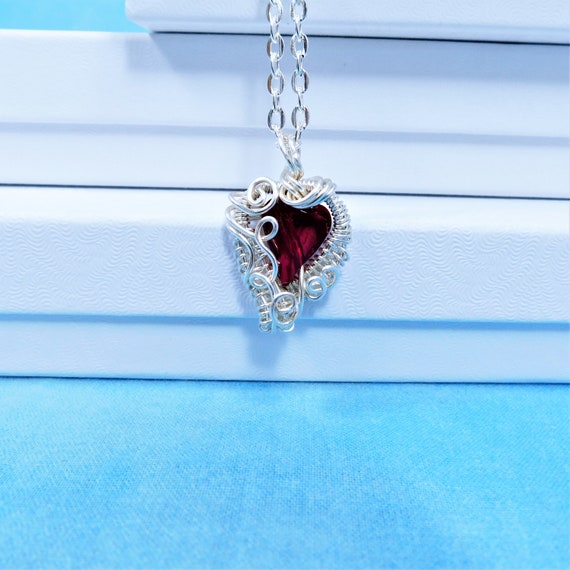 Artistic Red Crystal Heart Necklace, Handmade Wearable Art Jewelry Anniversary Present for Women, Wire Wrapped Red Heart Pendant