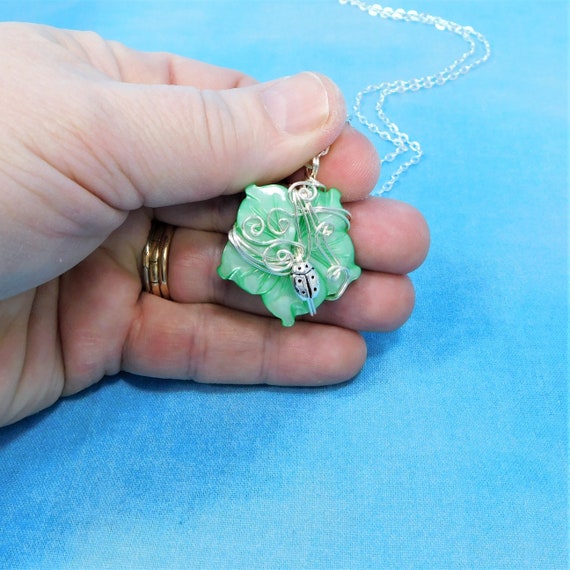 Wire Wrapped Mother of Pearl Ladybug Necklace, Artistic Insect Theme Jewelry, Fun Ladybug Good Luck Pendant for Women