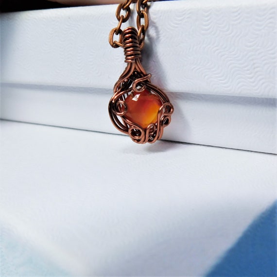 Copper Wire Wrapped Carnelian Necklace, Unique Artistic Gemstone Pendant, Wearable Art Jewelry 17th Anniversary Present for Wife