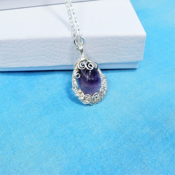 Woven Wire Wrapped Amethyst Pendant February Birthstone Necklace, Unique One of a Kind Wearable Art Jewelry Birthday Present for Wife