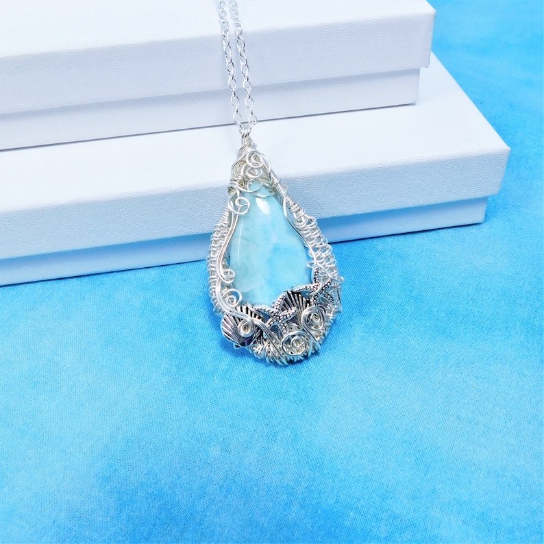 Woven Wire Wrapped Larimar Pendant Gemstone Necklace With Etsy