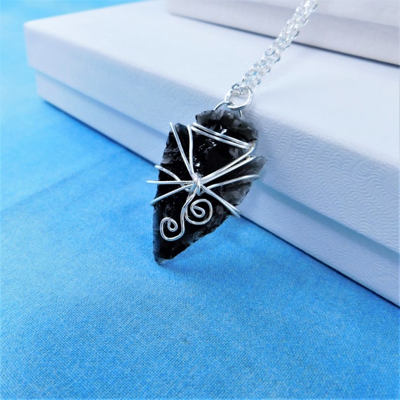 Black Obsidian Arrowhead Necklace for Men or Women, Wire Wrapped Obsidian Pendant, Artistic Jewelry Present for Husband, Wife or Girlfriend