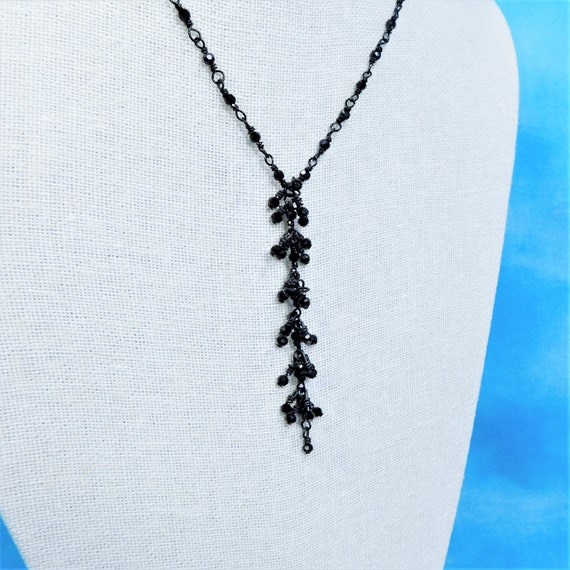 Long Black Bead Necklace with Beaded Crystal Tassel, Wire Wrapped Beaded Link Necklace for Women