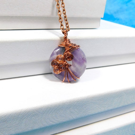 Wire Wrapped Amethyst Pendant February Birthstone Necklace, Genuine Gemstone Jewelry February Birthday Present or Anniversary Gift for Wife