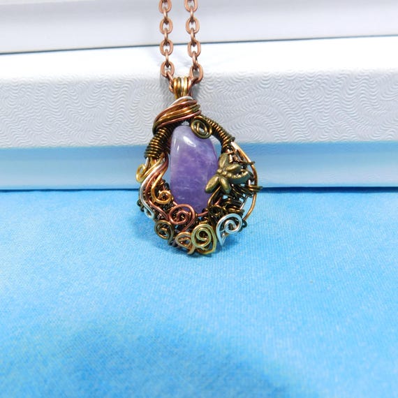 Wire Wrapped Amethyst Pendant, Artisan Crafted Dragonfly Jewelry, Artistic February Birthstone Necklace Birthday Present or Sympathy Gift