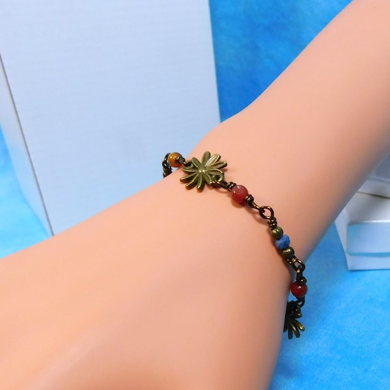 Unique Wire Wrapped Carnelian and Lapis Lazuli Bracelet, Dainty Handmade Gemstone Jewelry, Artisan Crafted Gift for Wife or Girlfriend