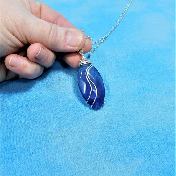 Blue Wire Wrapped Glass Pendant, Artisan Crafted Handmade Jewelry, Artistic Birthday Present Retirement, Graduation or Anniversary Gift